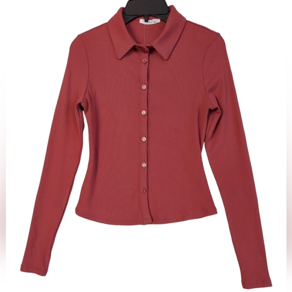 Timing Long Sleeve Cropped Shirt Women Large Brick Button-Up New Stretch - Picture 1 of 11